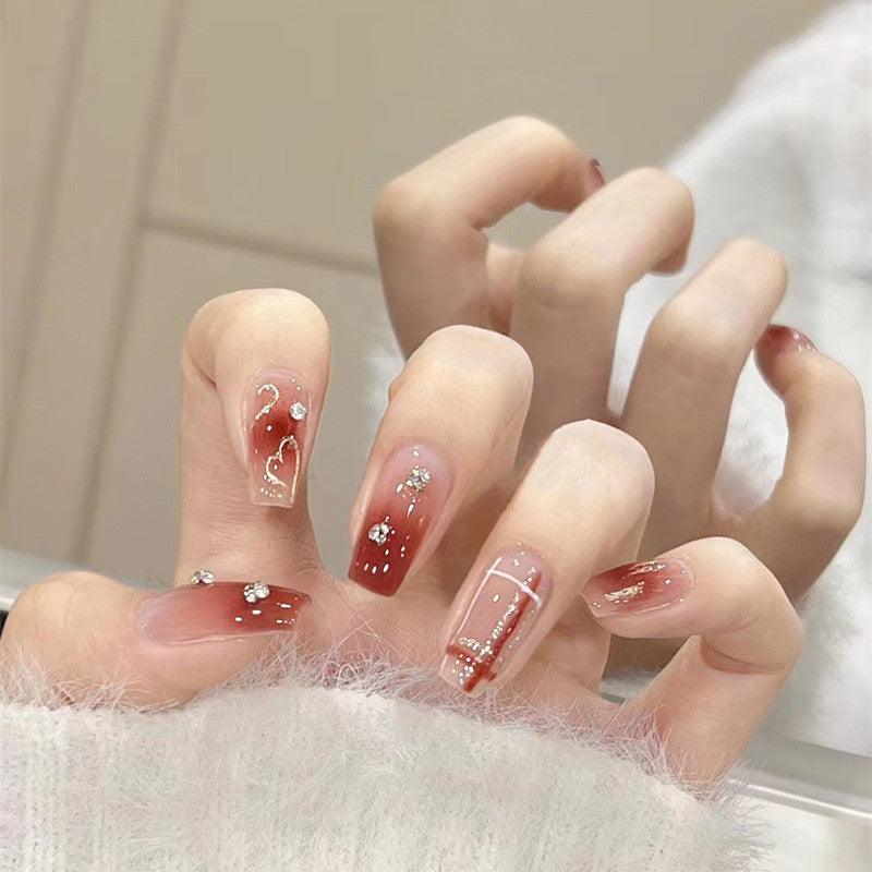 Secret Crush Red Blush with Diamonds and Glittering Hearts Long Press-On Nails - Belle Rose Nails