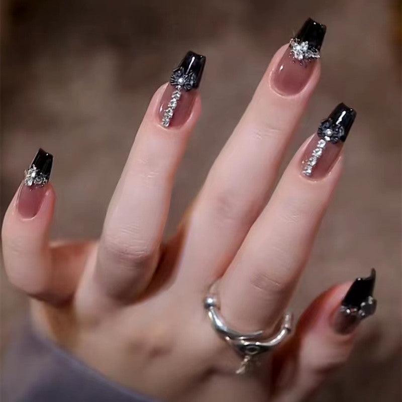 Sexy Diva Black French with Diamonds and Bow Long Press-On Nails - Belle Rose Nails