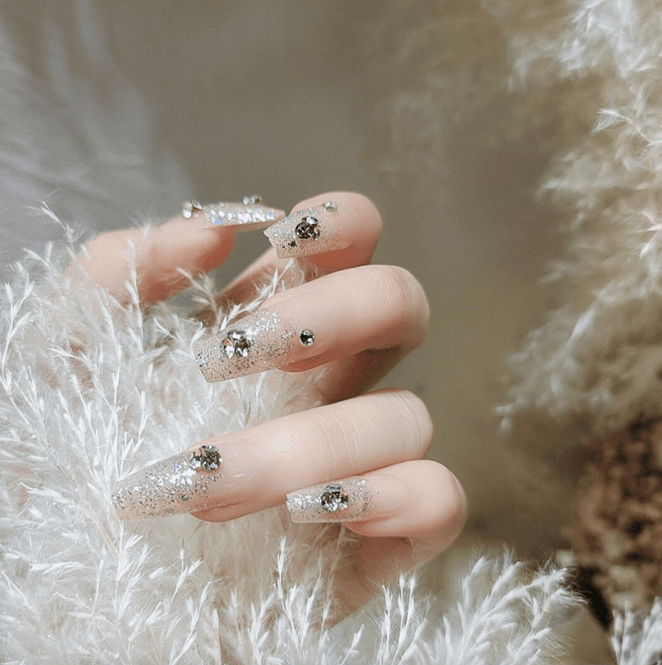 Shining Glitter with Diamonds Medium Length Coffin Press On Nails - Belle Rose Nails
