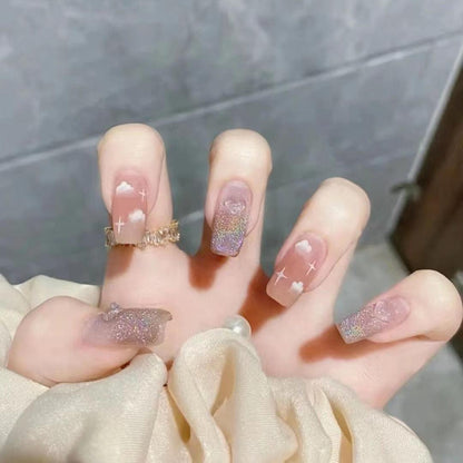 Silver Lining Clouds with Rainbow Moonlight Glittering Medium Length Press On Nails - Belle Rose Nails
