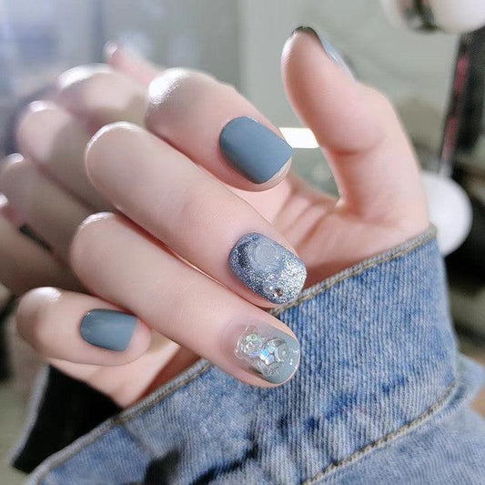 Smoky Blue Holographic Bear and Rose Short Press On Nails - Belle Rose Nails