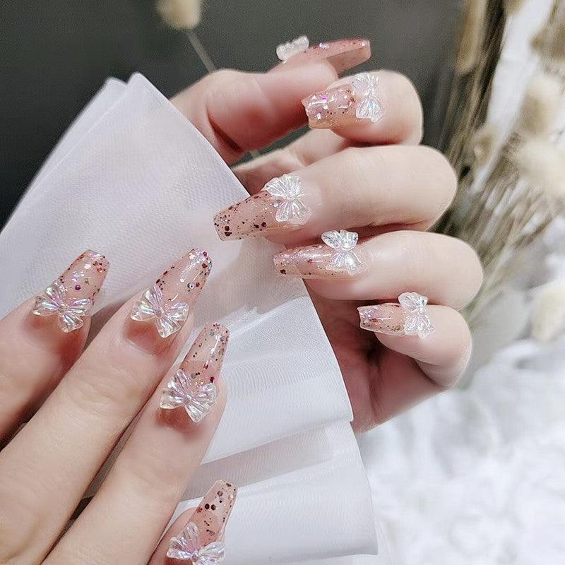 Sunset Pink with Glitters and Bowtie Long Press-On Nails - Belle Rose Nails