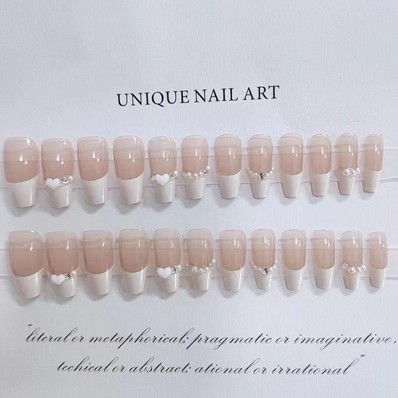 White French with Heart, Pearls and Diamond Long Press On Nails - Belle Rose Nails