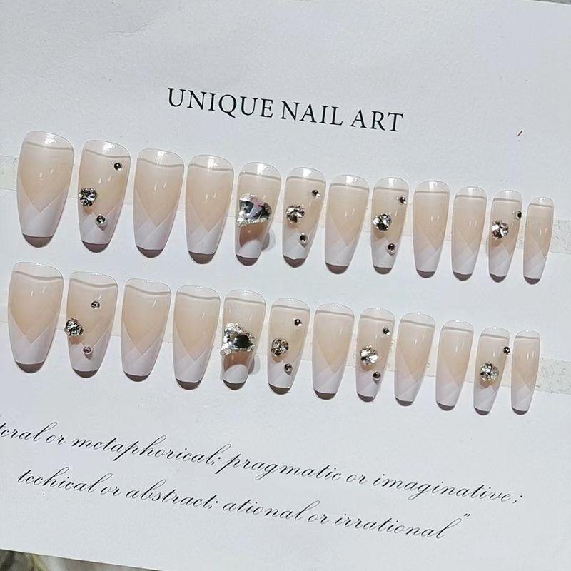 White New French with Glittering Heart and Diamonds Long Press On Nails - Belle Rose Nails
