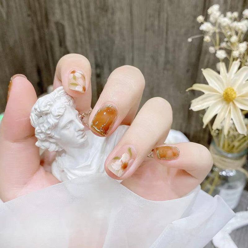Tea Party Amber Glittering Brown Flowers Short Press-On Nails - Belle Rose Nails